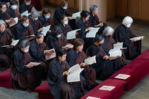 大眾虔誠誦經，隨文入觀。